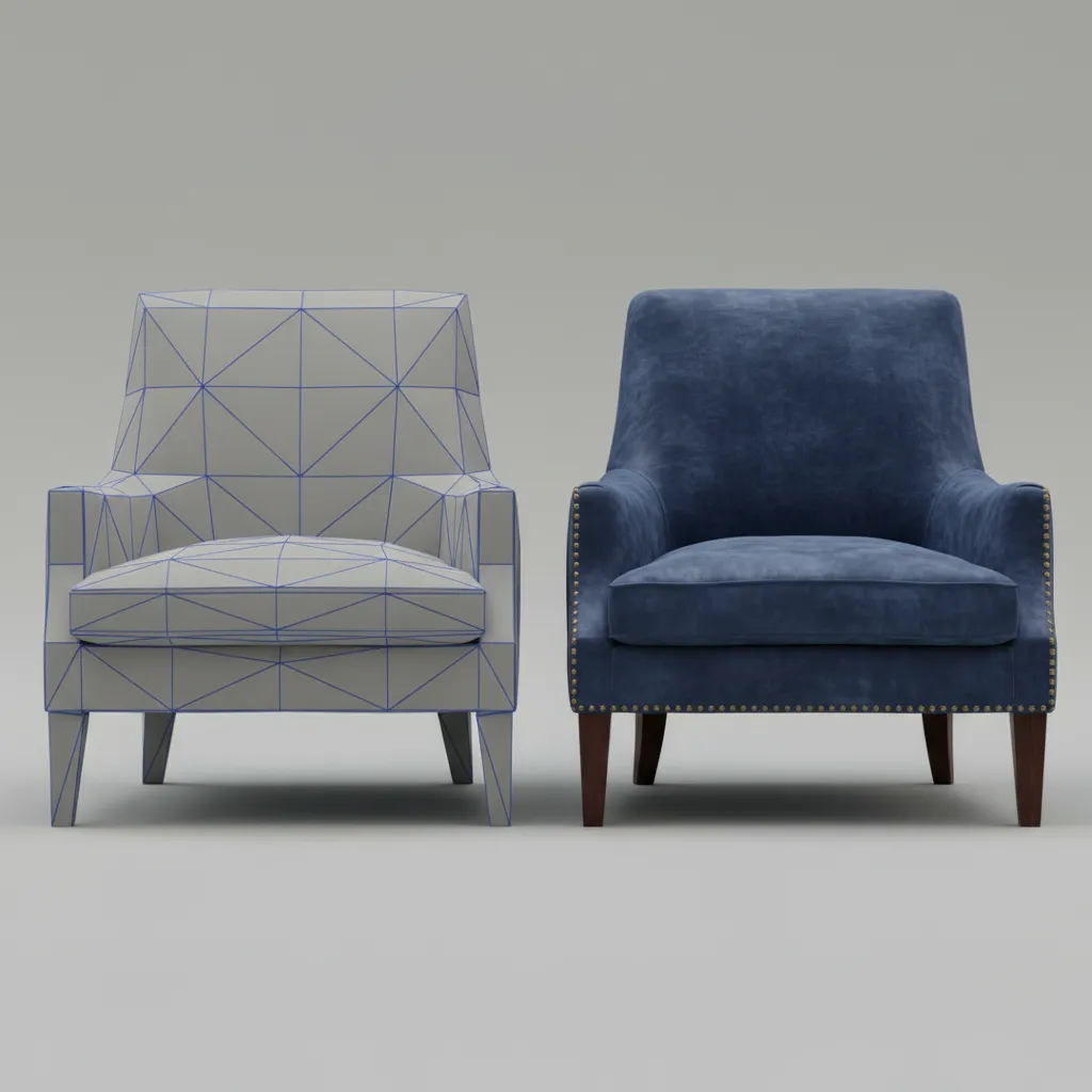 comparison between simple and complex 3D models showing difference in detail