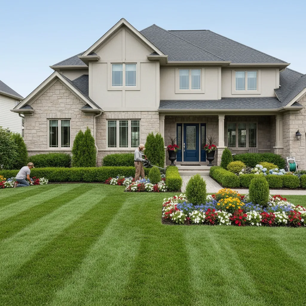 Typical residential yard with lawn mowing and plant maintenance