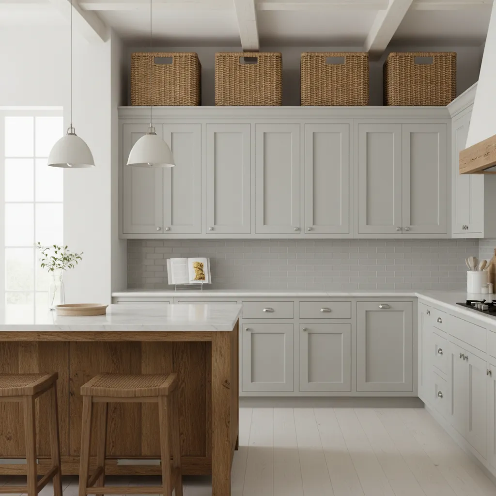 Large rectangular baskets sized correctly for cabinet top storage