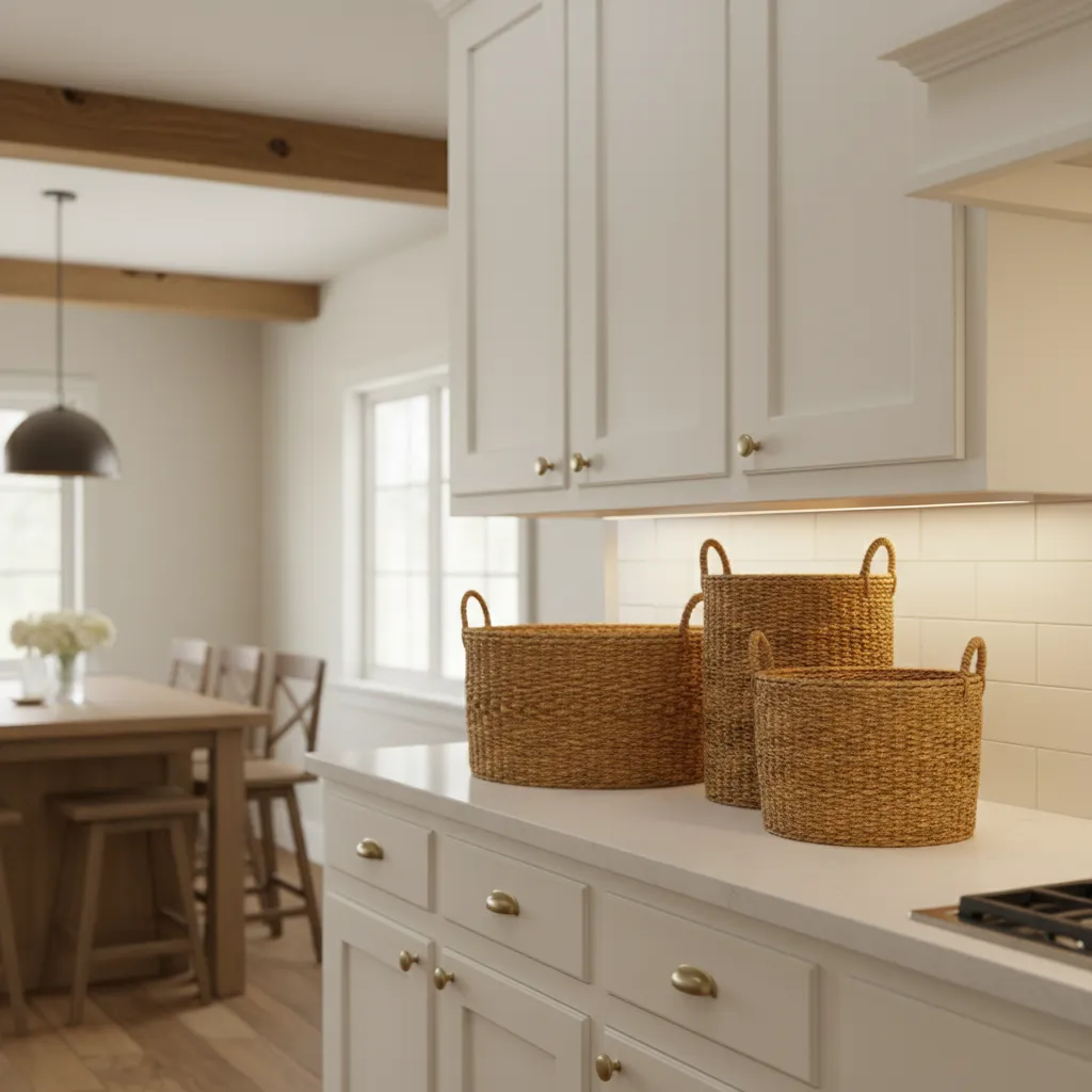 Close view of woven kitchen storage baskets above cabinets