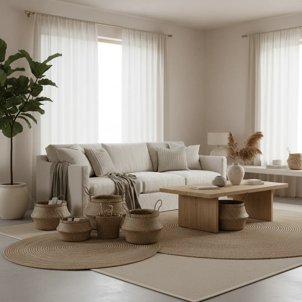 Living room with woven baskets paired with wood furniture and linen textiles