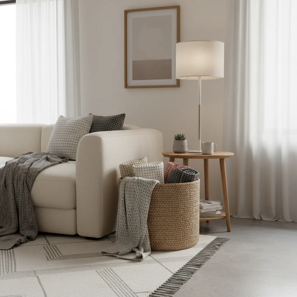woven basket storing folded throw blankets beside modern sofa