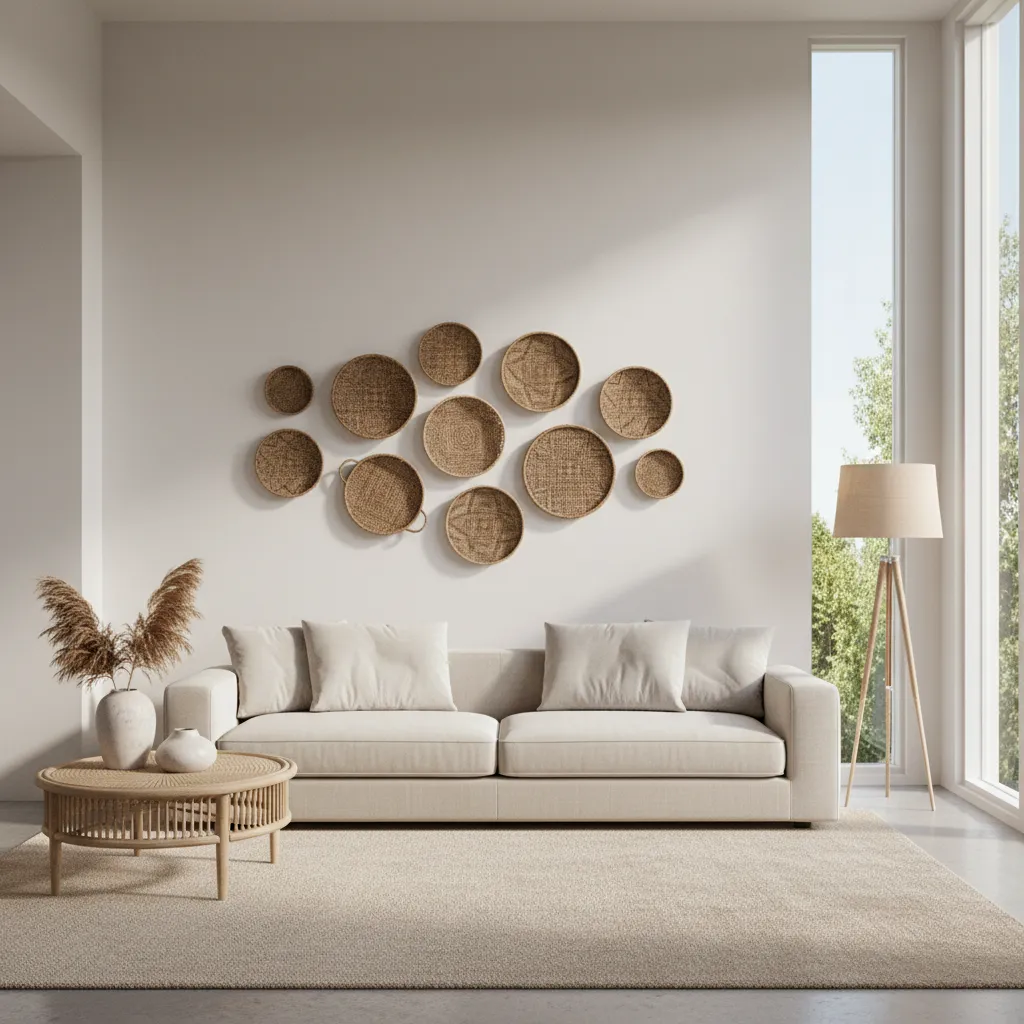 Living room with woven basket wall decor above a sofa