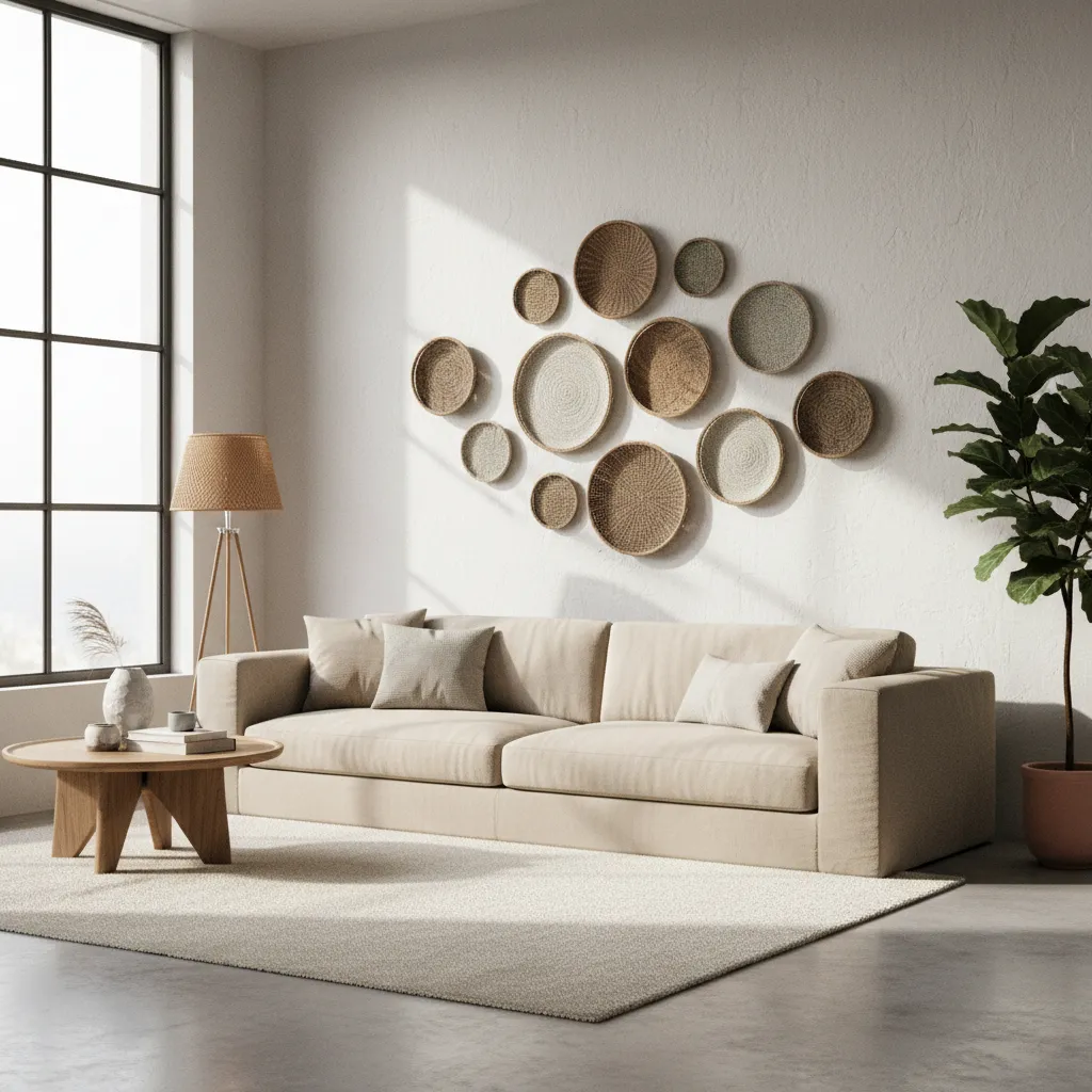 Bright living room with beige sofa, woven wall baskets, floor lamp, coffee table, and plant