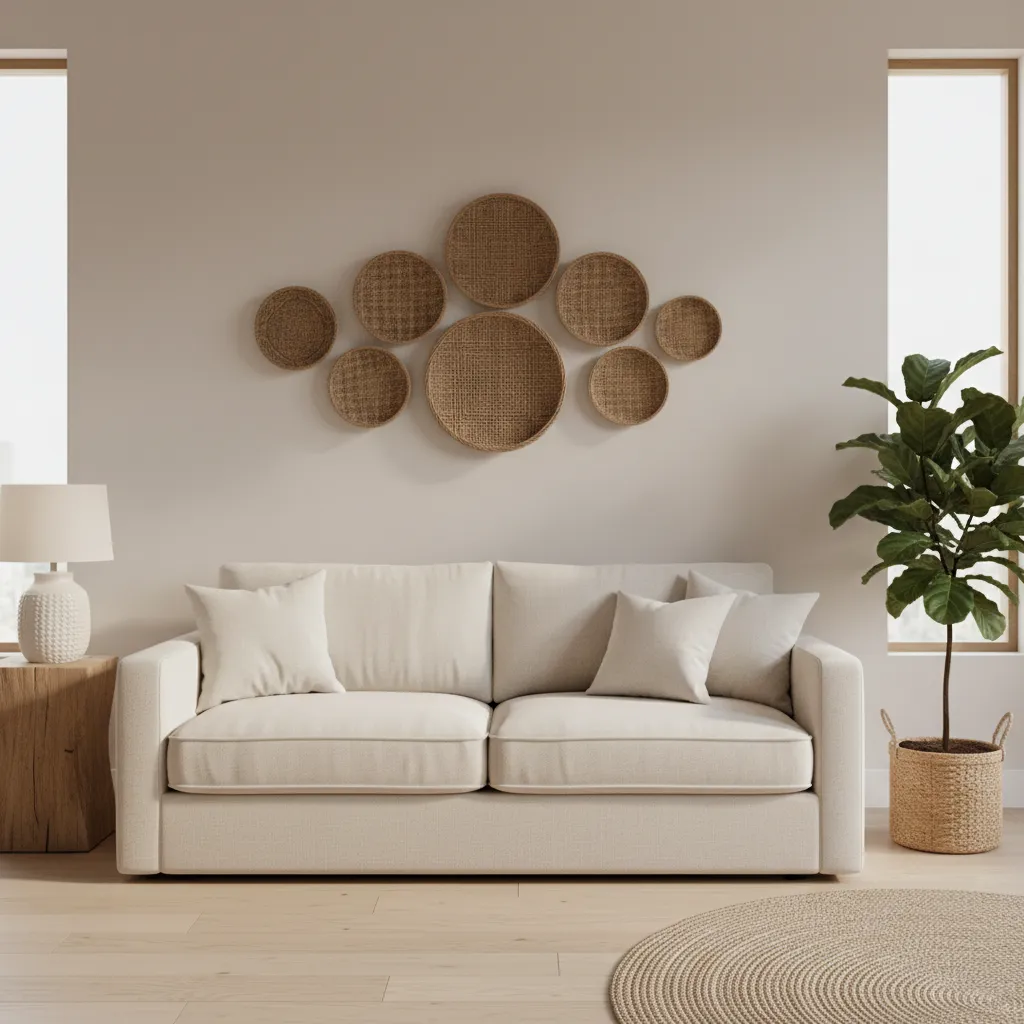 Neutral living room with cream sofa, table lamp, green plant, and round woven wall decorations