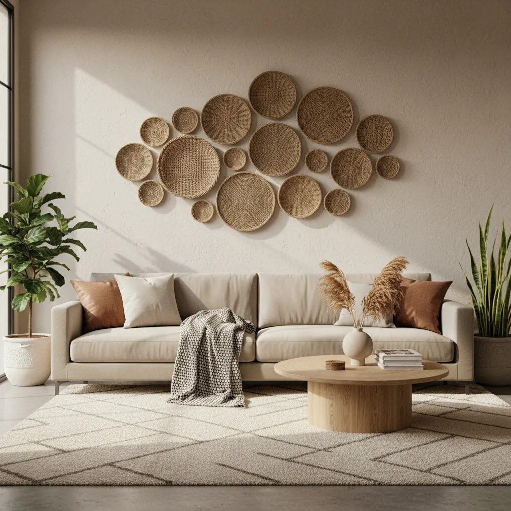 Modern living room with beige sofa, woven wall baskets, wooden coffee table, and green plants