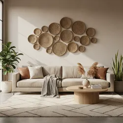 Modern living room with beige sofa, woven wall baskets, wooden coffee table, and green plants