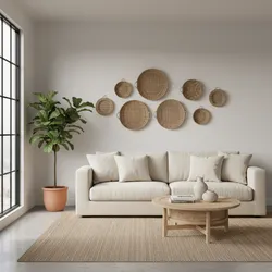 Living room with cream sofa, wood coffee table, green plant, and round woven wall baskets