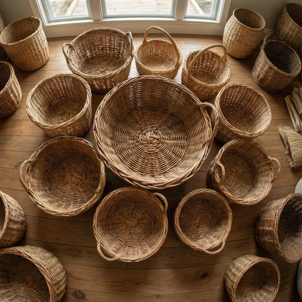 Various sizes of woven wicker baskets arranged on a wooden floor near a bright window