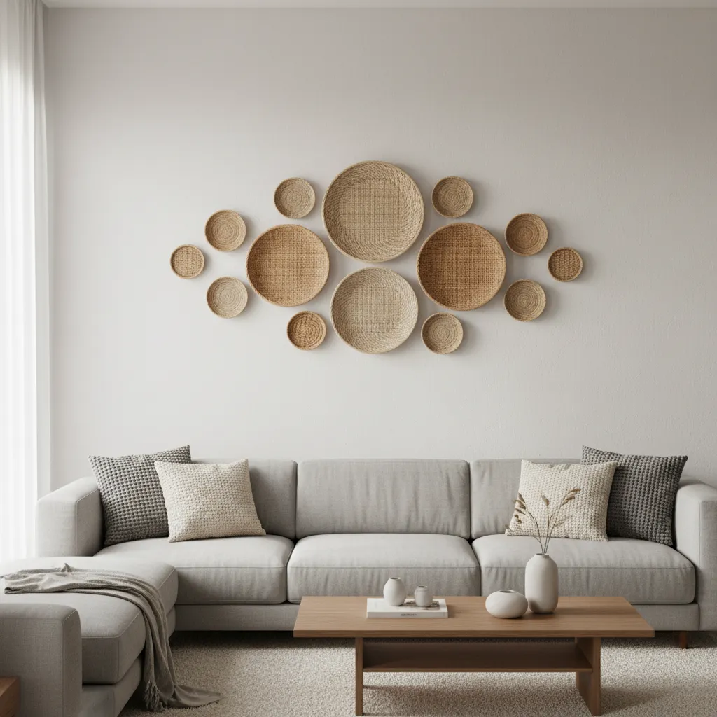 Living room wall showing planned basket arrangement layout