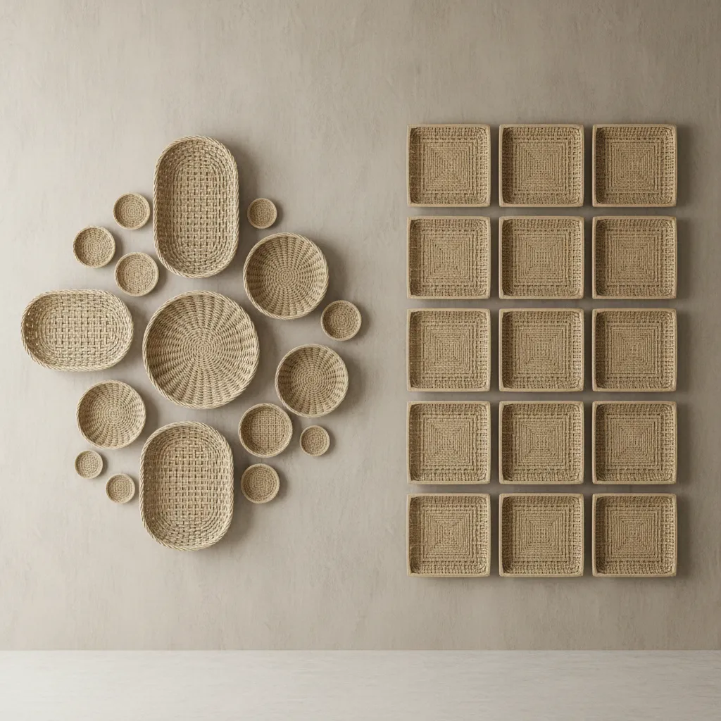 Woven baskets in circular and square grid patterns displayed on a neutral colored interior wall