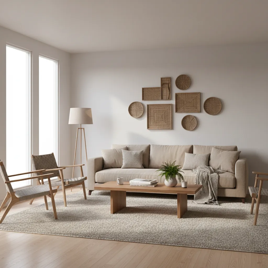 Living room with woven basket wall decor above a beige sofa