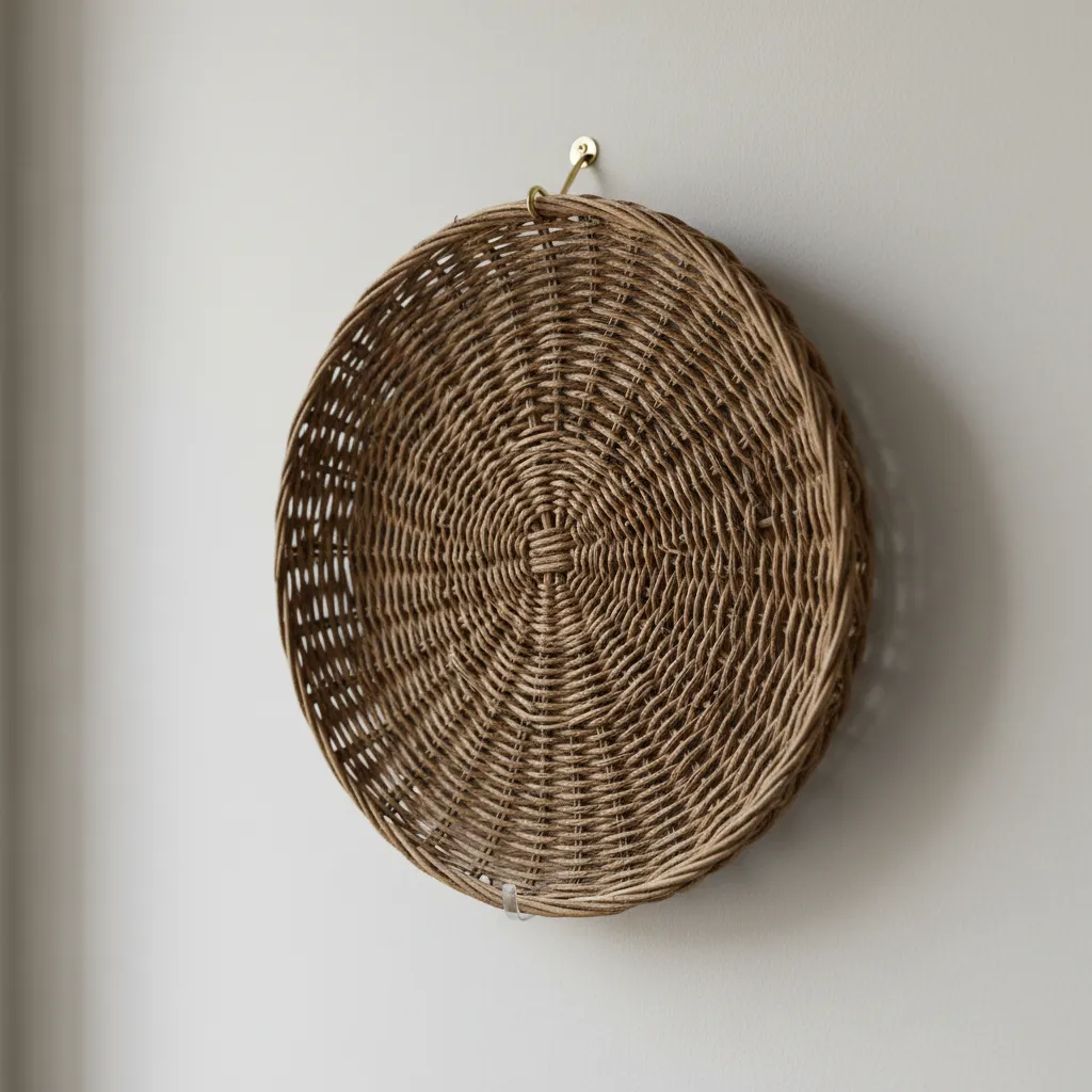 A round brown woven basket hanging on a plain white wall with a small metal hook