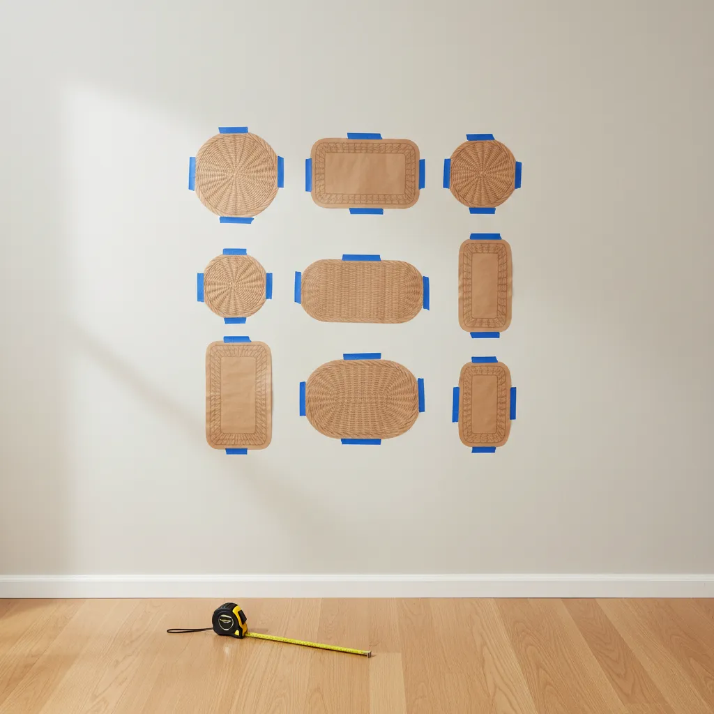 Planning a wall layout using paper templates and blue tape with a yellow measuring tape