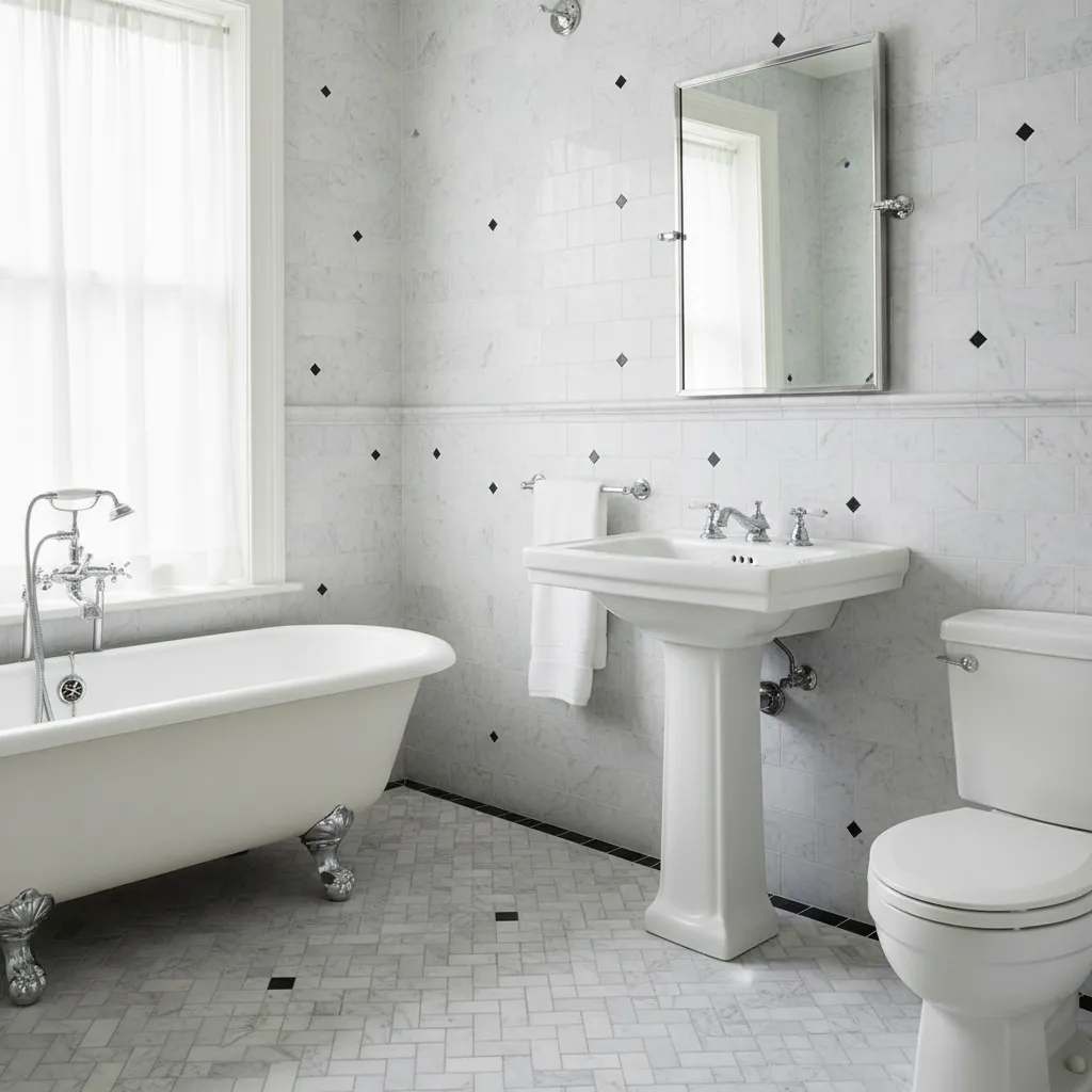 Classic marble basket weave tile bathroom floor with dark accent dots