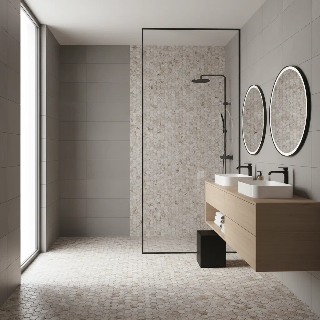 Bathroom design with basket weave tile floor and large format wall tiles