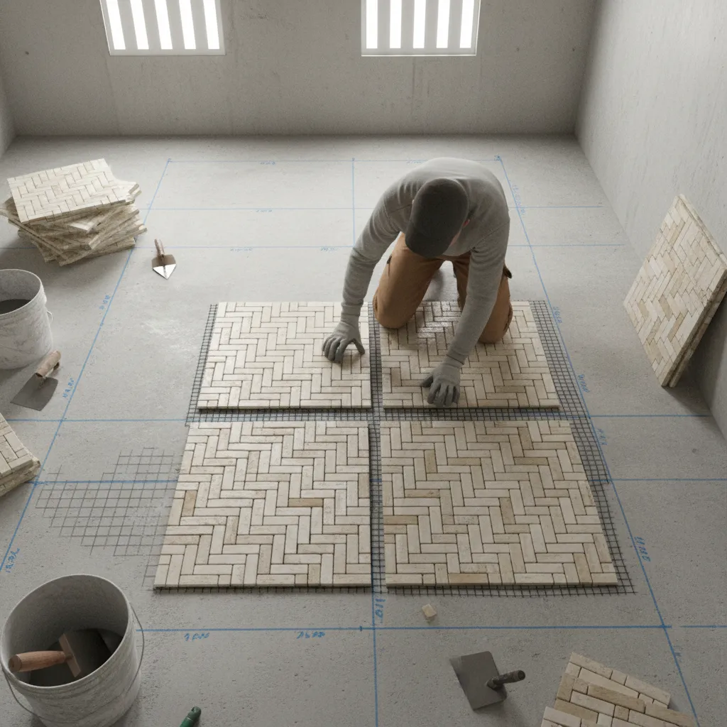 Dry layout of basket weave tile sheets showing alignment planning