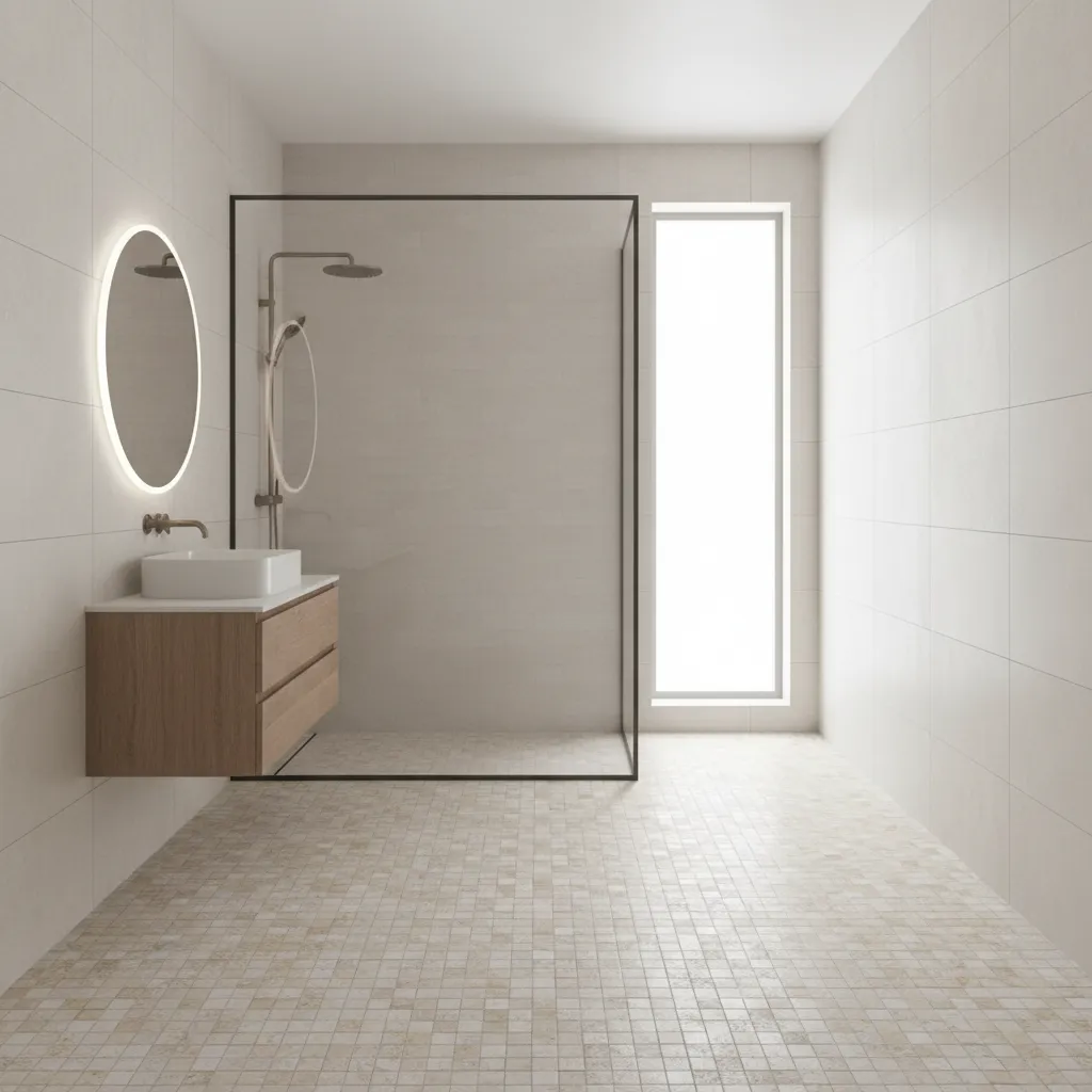 Bathroom interior showing basket weave mosaic tile floor pattern