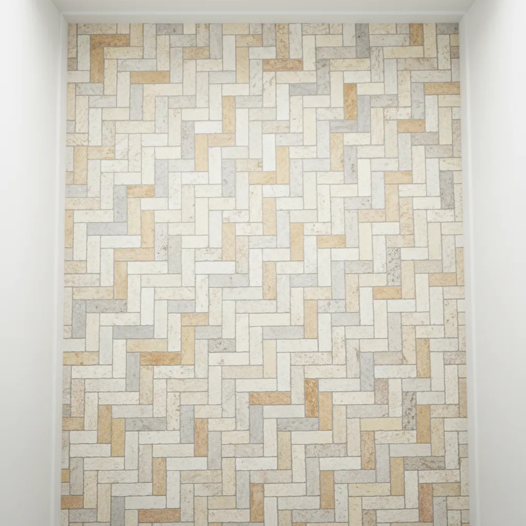 Basket weave bathroom tile pattern layout with grout lines visible