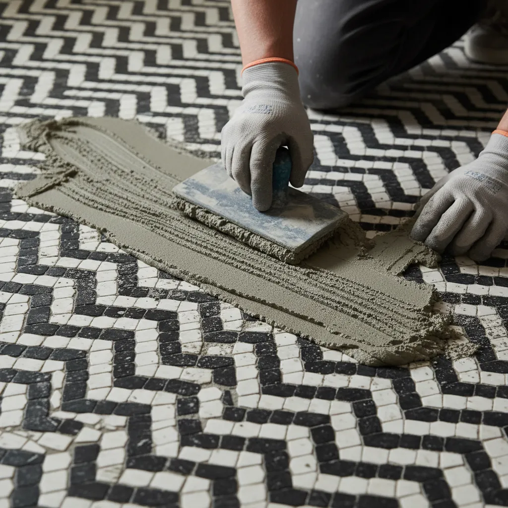 Installer applying grout to basket weave tile floor using rubber float
