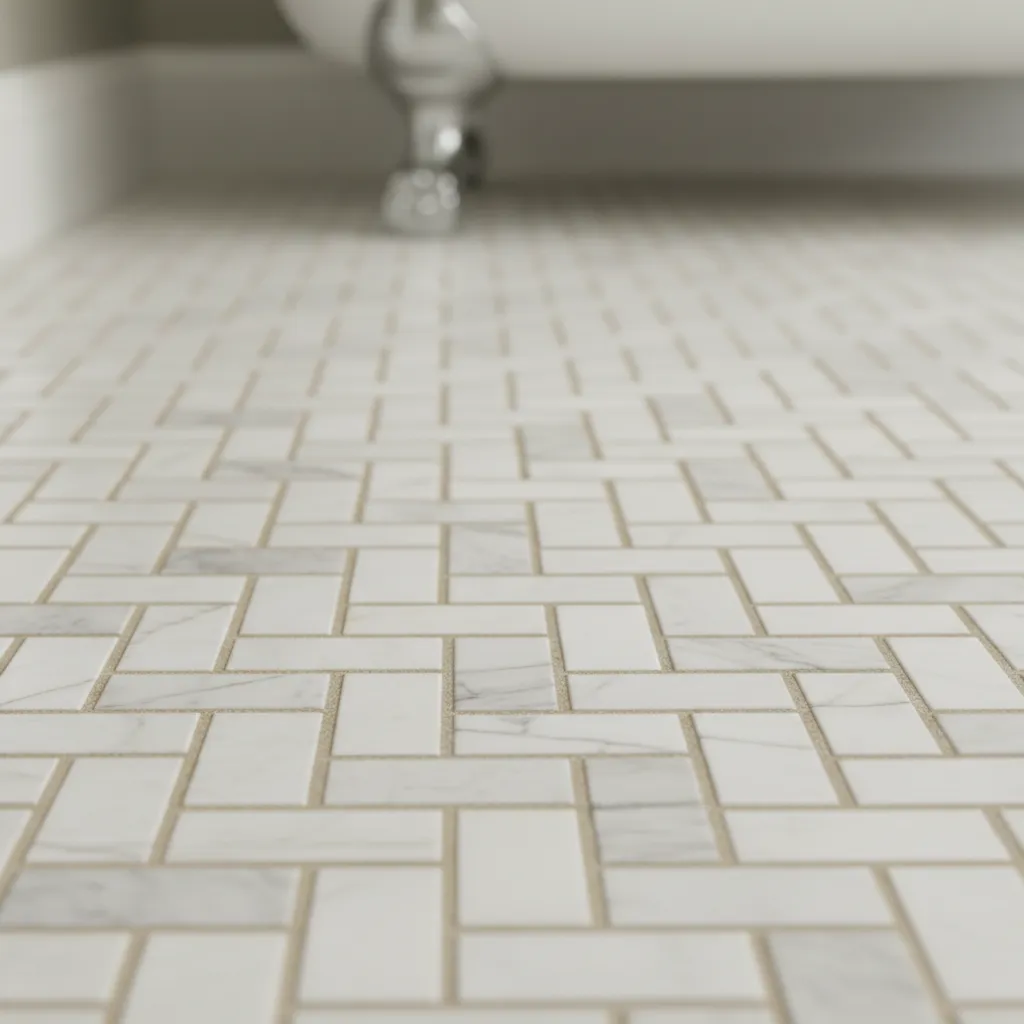 Comparison of small mosaic basket weave tile scale for bathroom floors