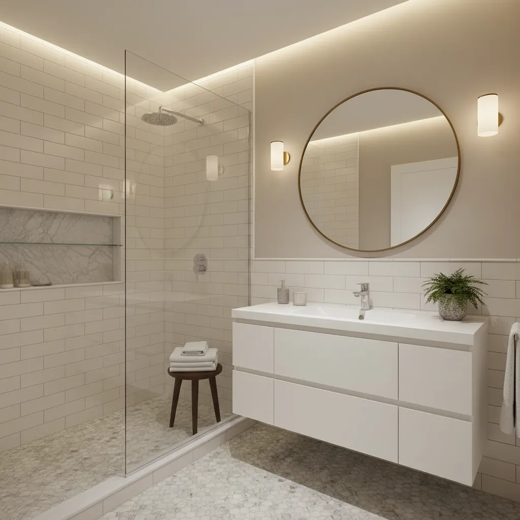 Small bathroom interior featuring basket weave tile floor pattern