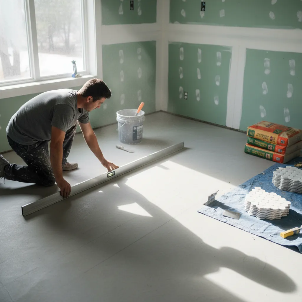 Contractor checking flatness of bathroom subfloor before installing mosaic tile