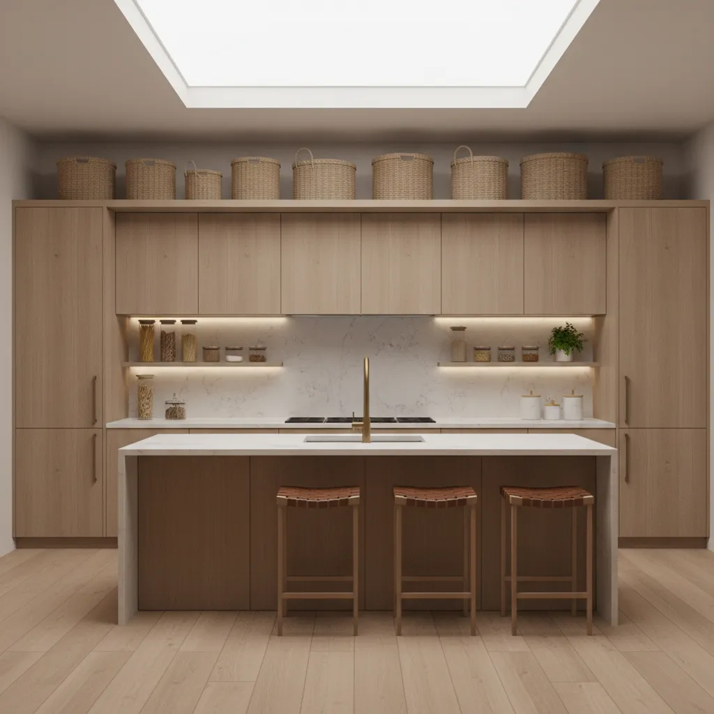 woven baskets used for storage above kitchen cabinets in a warm modern kitchen