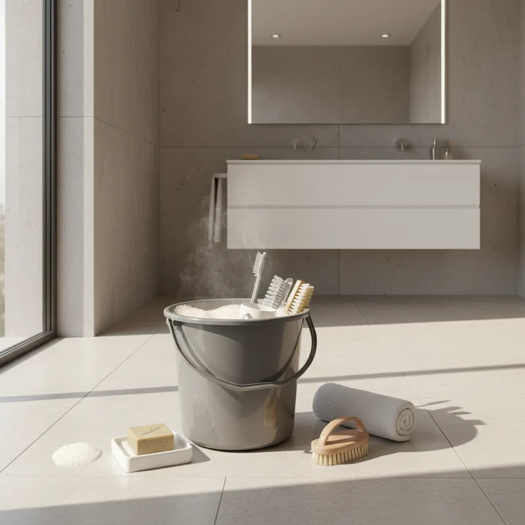 multiple bathroom accessories soaking in bucket for batch cleaning