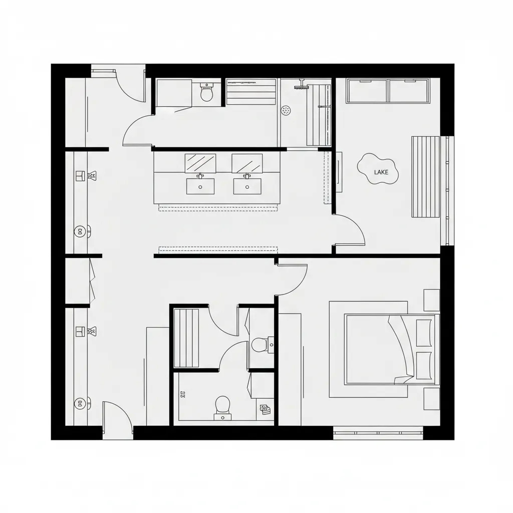 Top-down CAD plan of a master bath gallery with wet/dry and thermal zoning leading to sleep zone