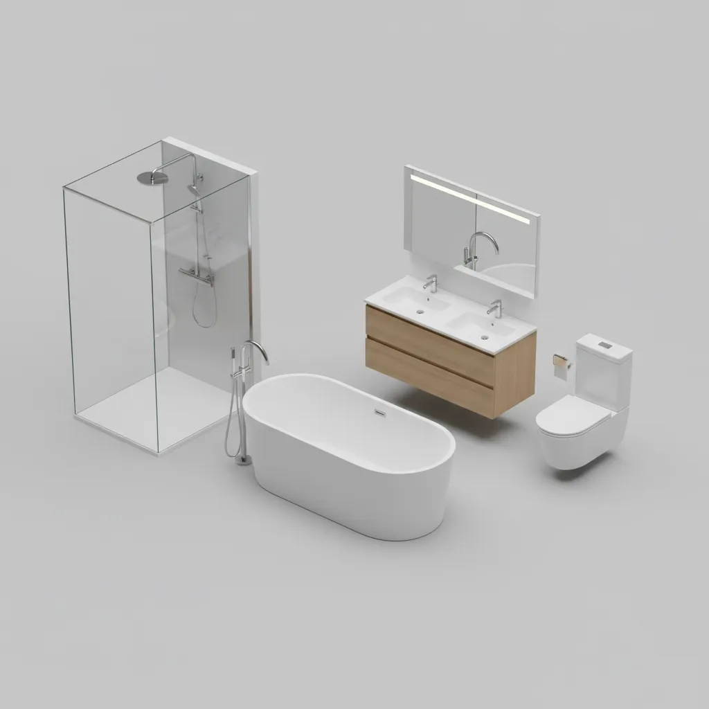 Collection of bathroom furniture items including shower, bathtub, wooden sink cabinet, and white ceramic toilet