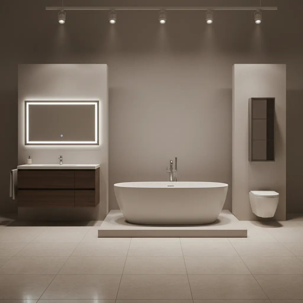 collection of 3D bathroom fixtures including bathtub sink toilet and cabinets arranged in a studio scene