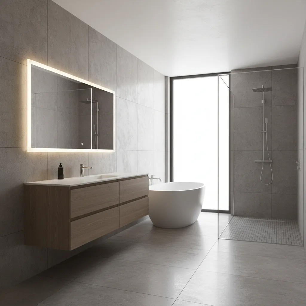 3D visualization of modern bathroom showing tile, lighting and vanity design