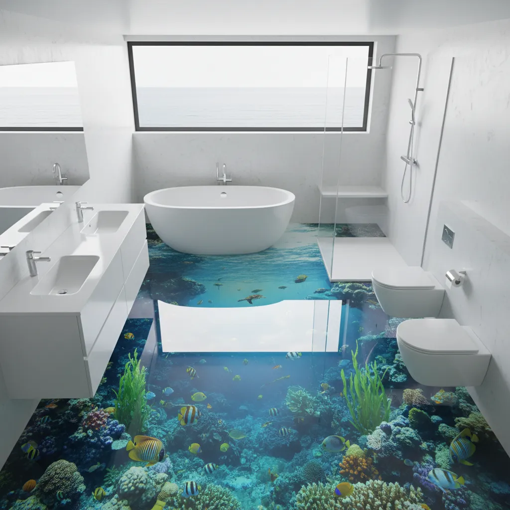 Bathroom interior with ocean themed 3D epoxy flooring