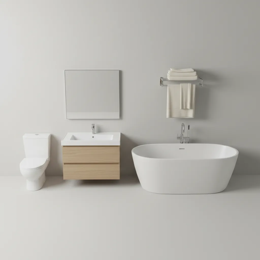 Minimalist bathroom furniture set featuring a white toilet wooden vanity mirror bathtub and towel rack