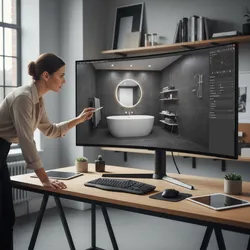 Designer pointing at a monitor showing a dark bathroom design with bathtub and wall light