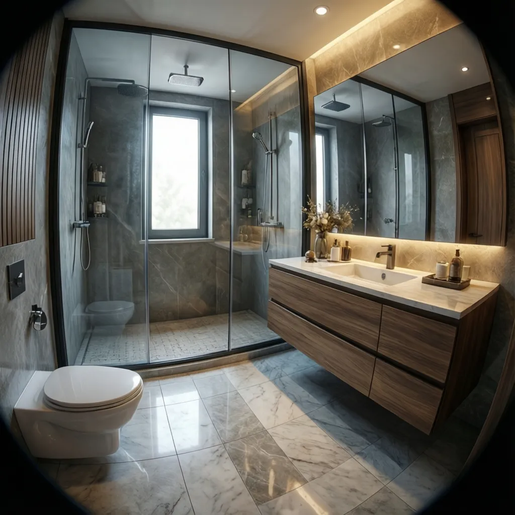 Realistic 3D bathroom rendering with shower, vanity and tile materials