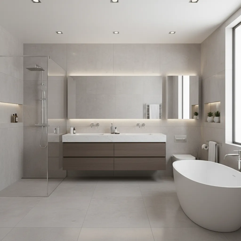 Modern grey bathroom with glass shower double sink wooden cabinet large mirror toilet and bathtub