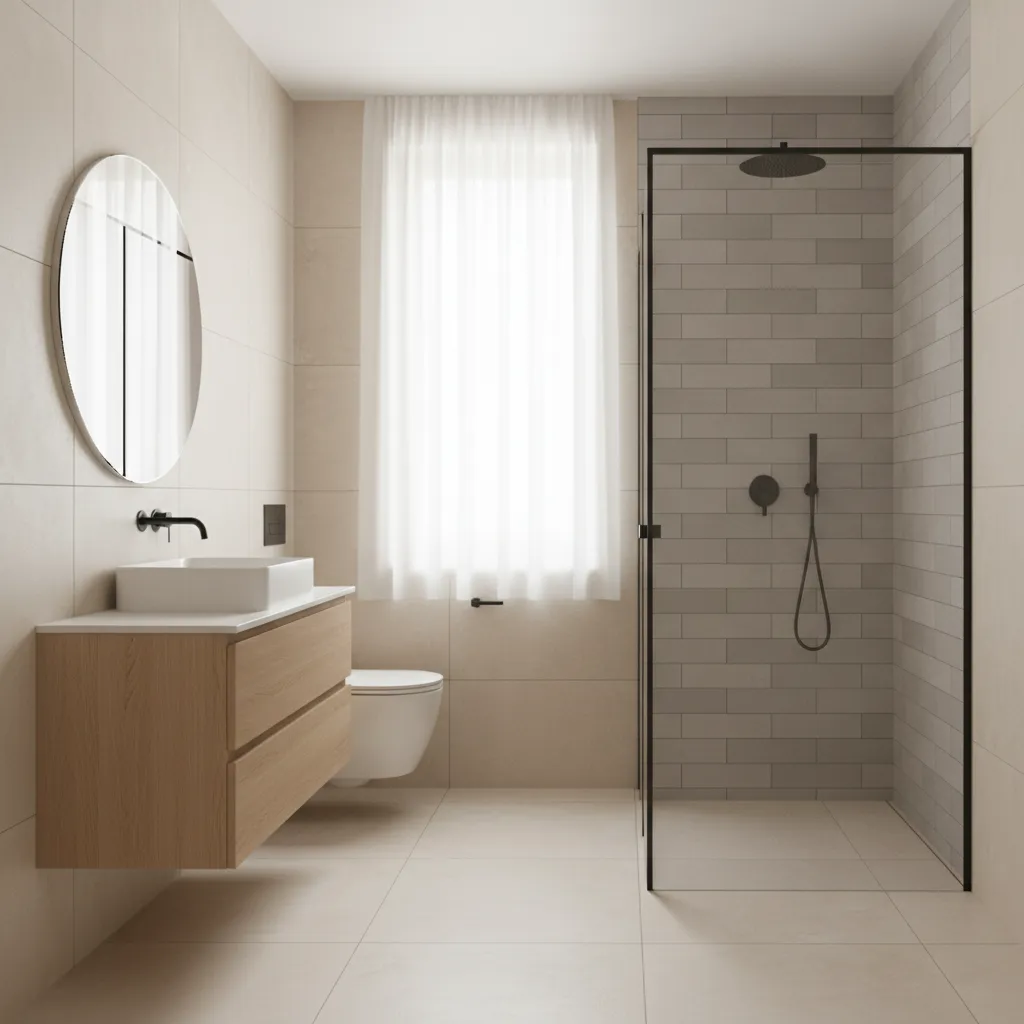 Realistic 3D bathroom rendering showing floor and wall tile materials