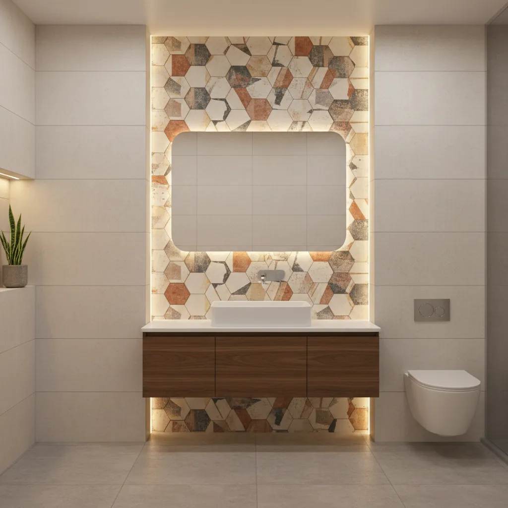 Indian bathroom accent wall with geometric patterned tiles