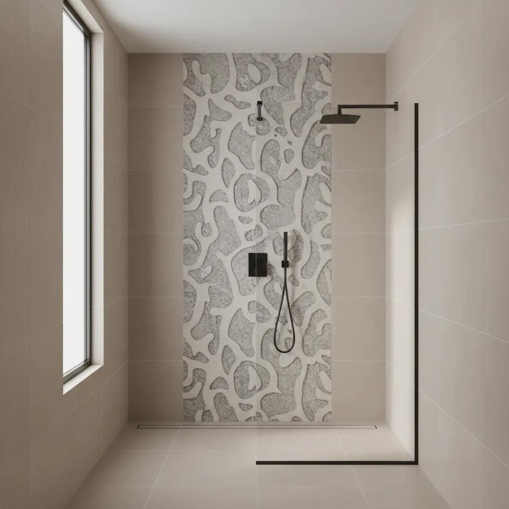 bathroom shower feature wall with textured highlight tiles