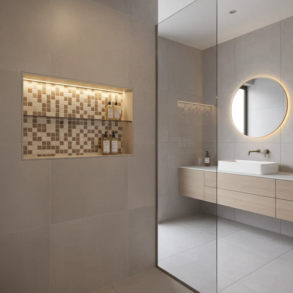 bathroom shower niche with mosaic highlighter tiles