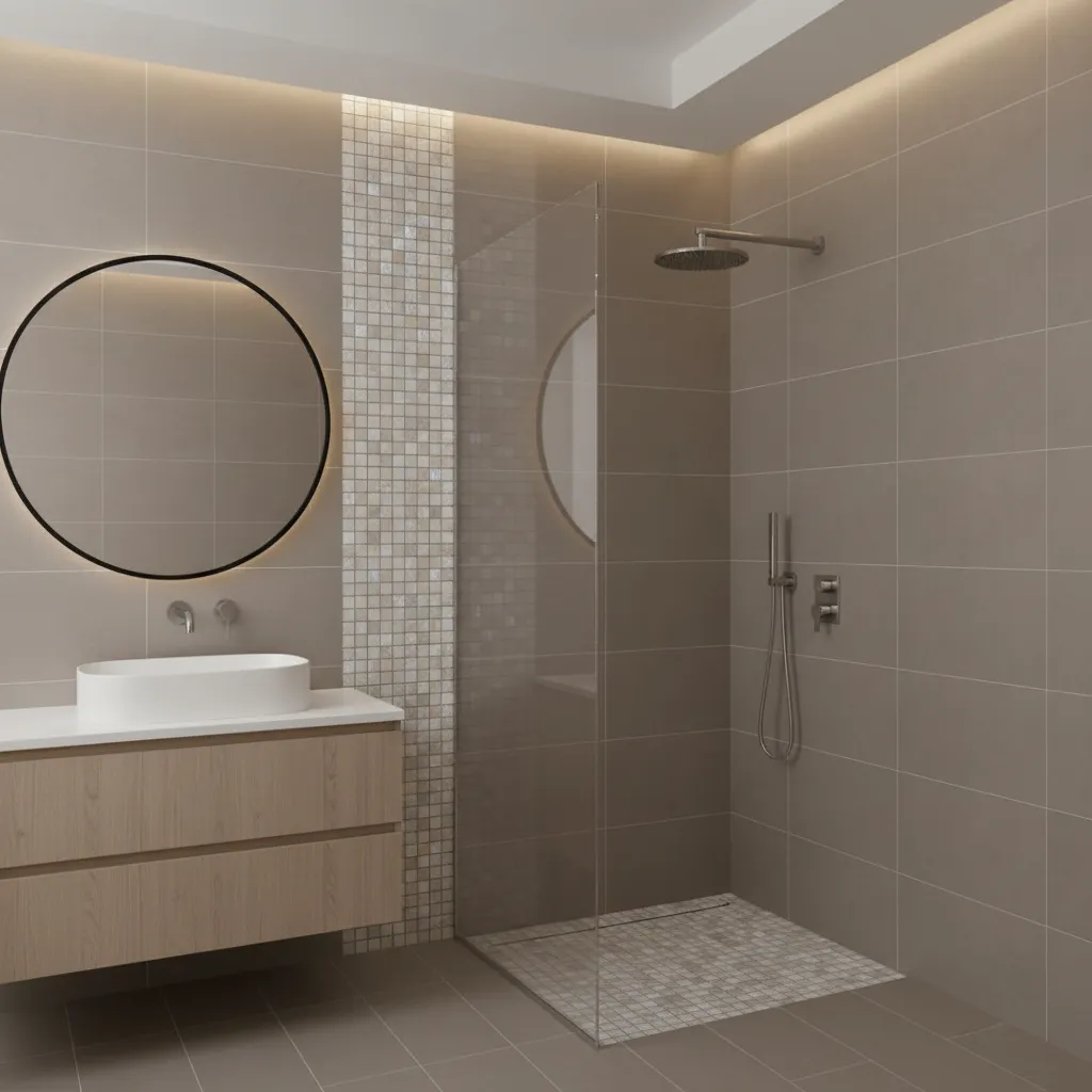 Contemporary bathroom shower wall with vertical highlighter tile strip