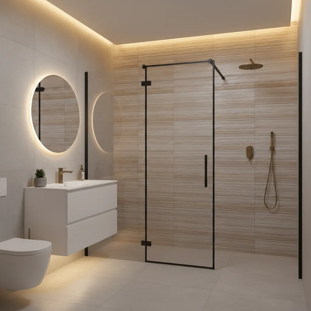 Bathroom shower with textured accent tile wall behind the shower