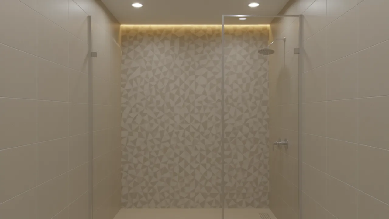 Bathroom shower accent wall with patterned tiles and neutral surrounding tiles