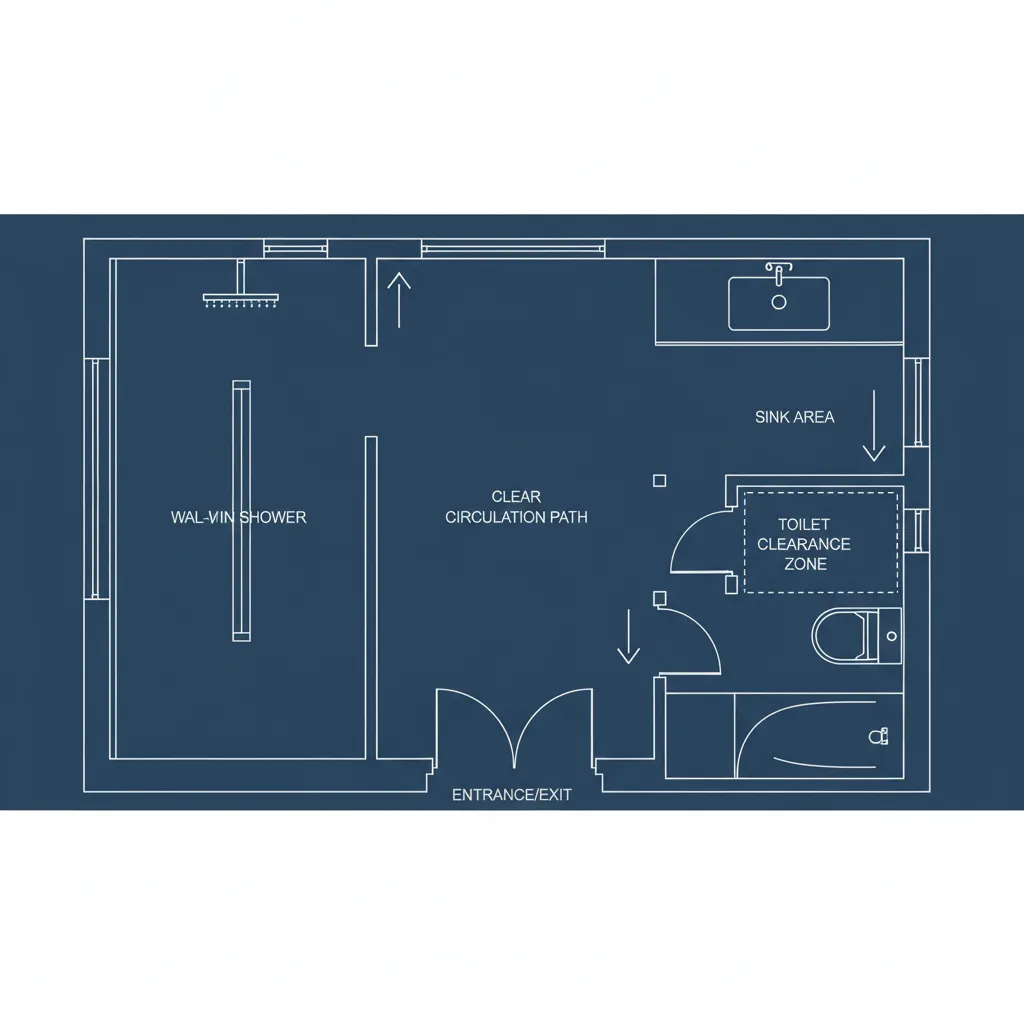 Bathroom accessibility floor plan layout for seniors showing clear circulation space
