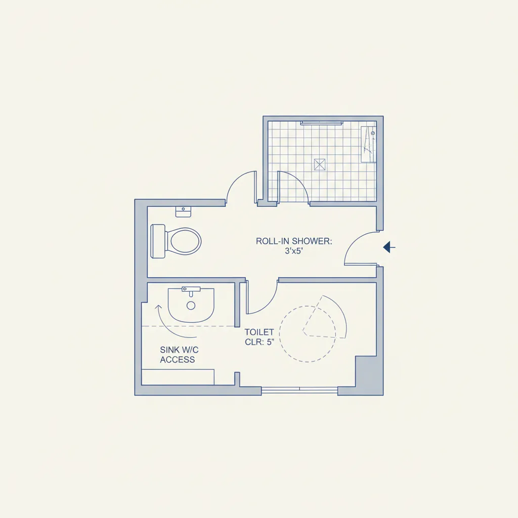 Simple bathroom accessibility floor plan showing shower toilet and sink clearances