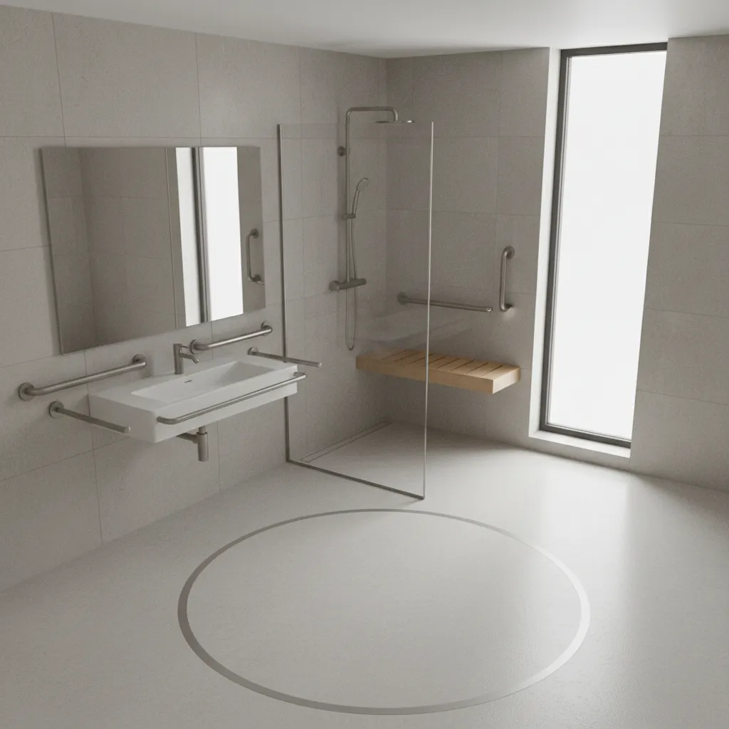 Accessible bathroom layout showing wheelchair turning space and safety fixtures