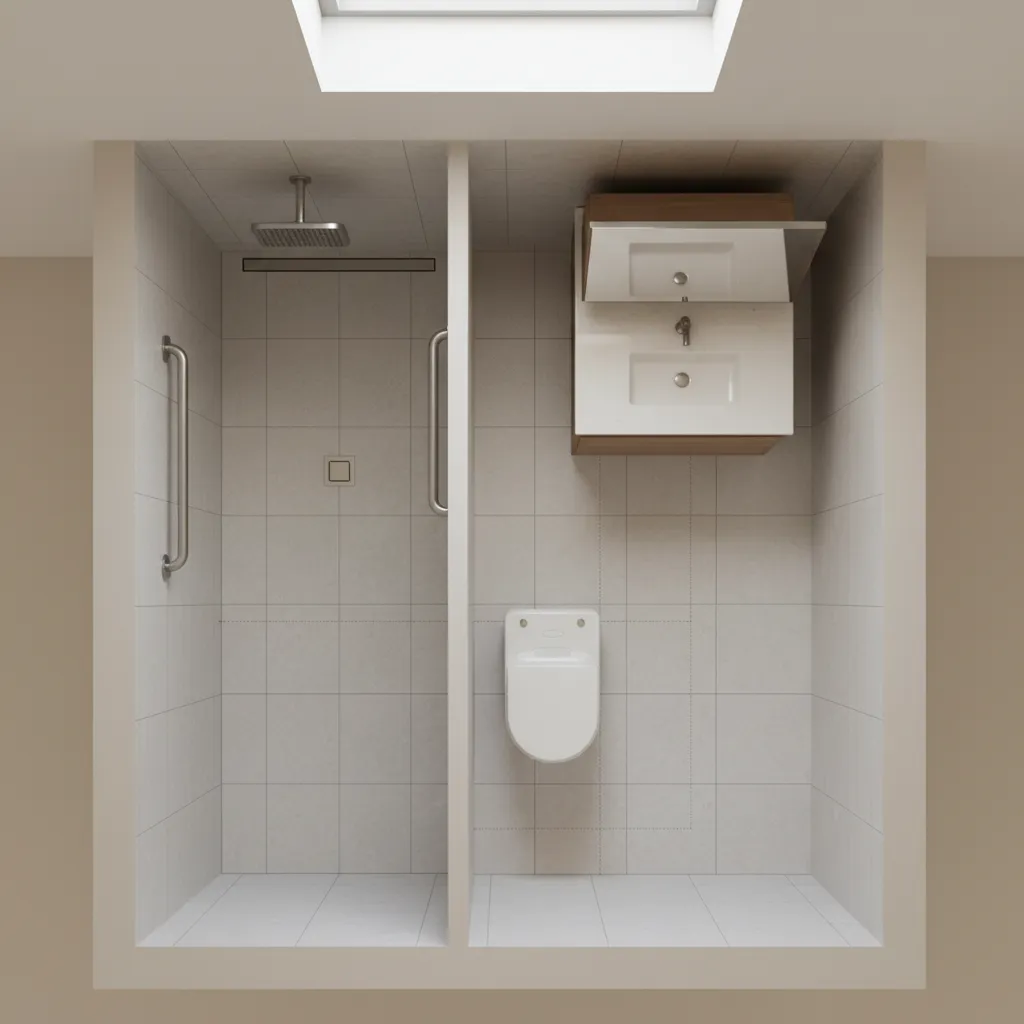bathroom layout showing accessible shower and safety features
