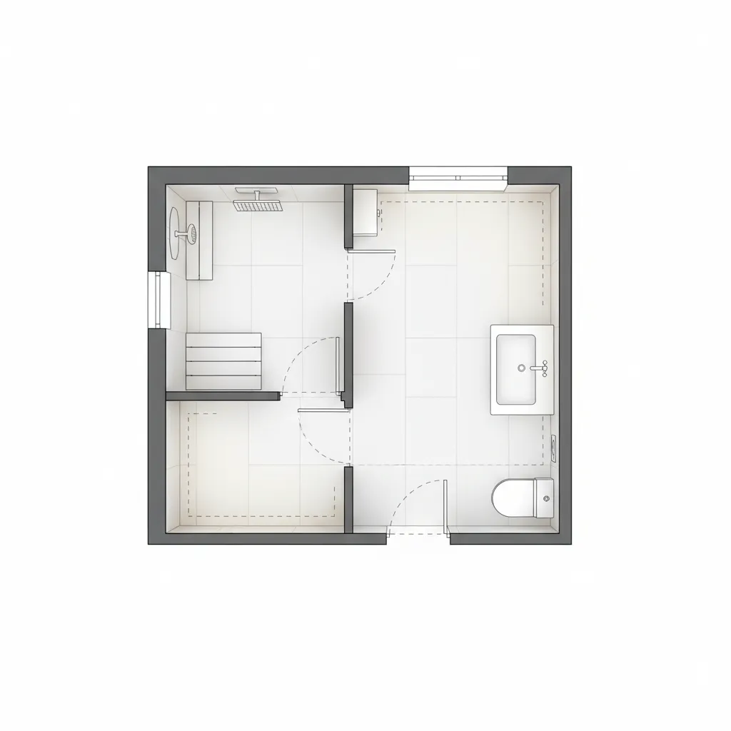 bathroom layout plan showing wheelchair accessible spacing and shower placement